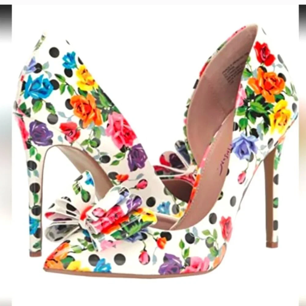🌸 BETSEY JOHNSON Floral & Polka Dot Pointed Toe Bow Heels Size 7.5 - Picture 2 of 11